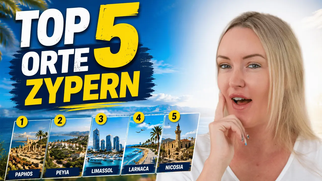 Frau zeigt fünf Regionen Zyperns als nummerierte Karten: Paphos, Peyia, Limassol, Larnaca und Nicosia. Headline: Top 5 Orte Zypern.