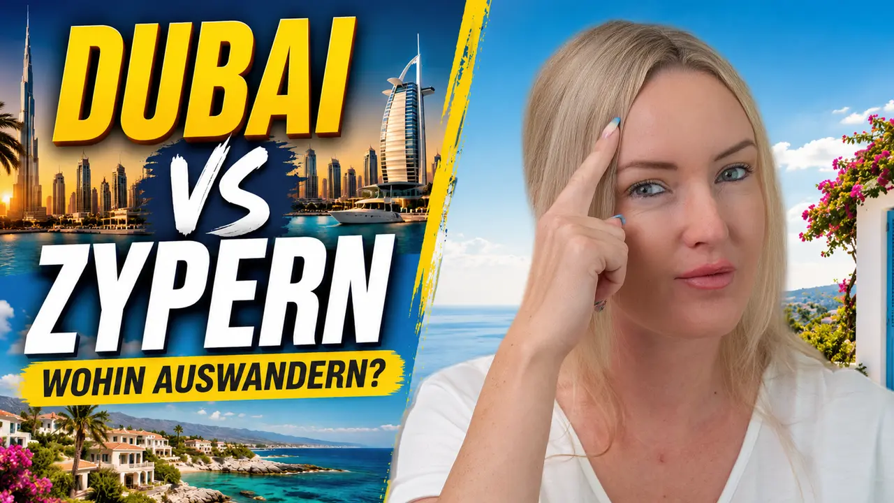 Skyline von Dubai links und mediterrane Küste Zyperns rechts. Headline: Dubai vs Zypern, wohin auswandern?