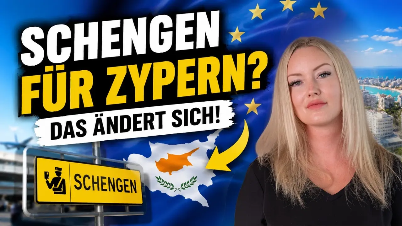 Schengen-Grenzschild vor EU-Flagge und Landkarte von Zypern. Headline: Schengen für Zypern, das ändert sich.