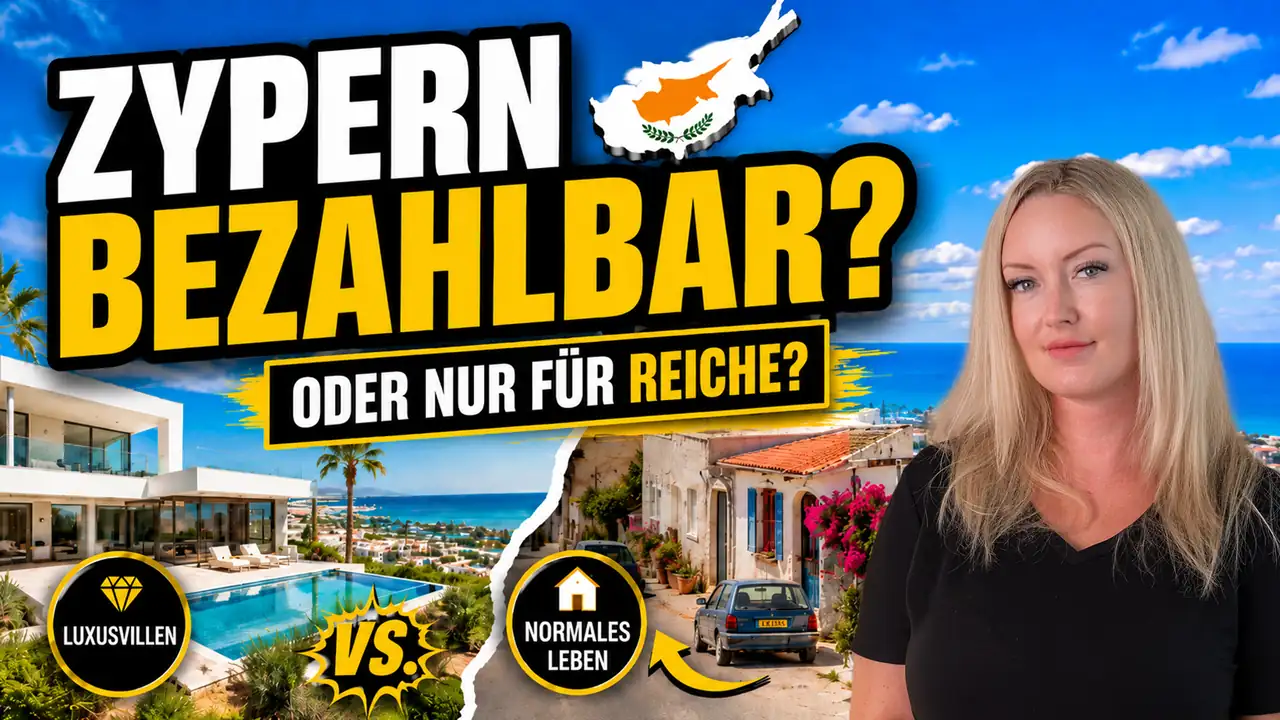 Frau vor Luxusvilla und zyprischem Dorf. Headline: Zypern bezahlbar oder nur für Reiche?